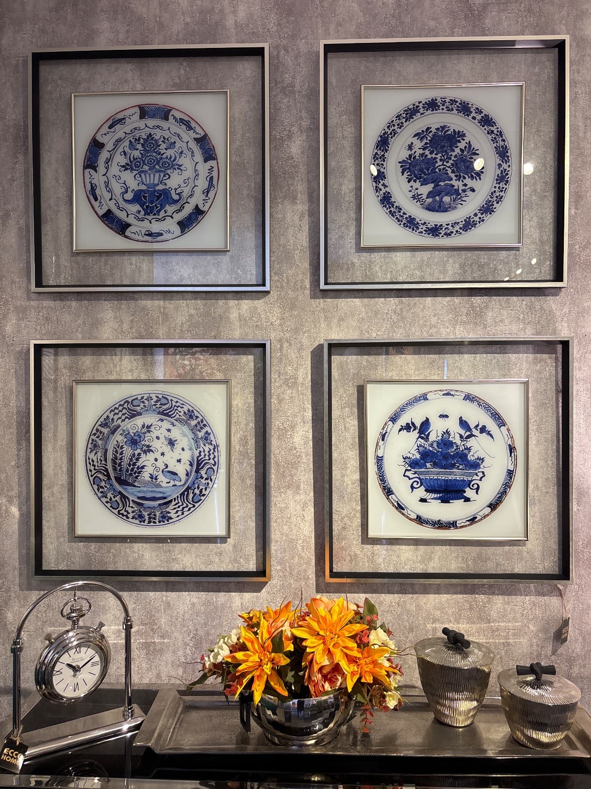 53 × 53 cm Dörtlü Bleu Blanc Cam Tablo Takım